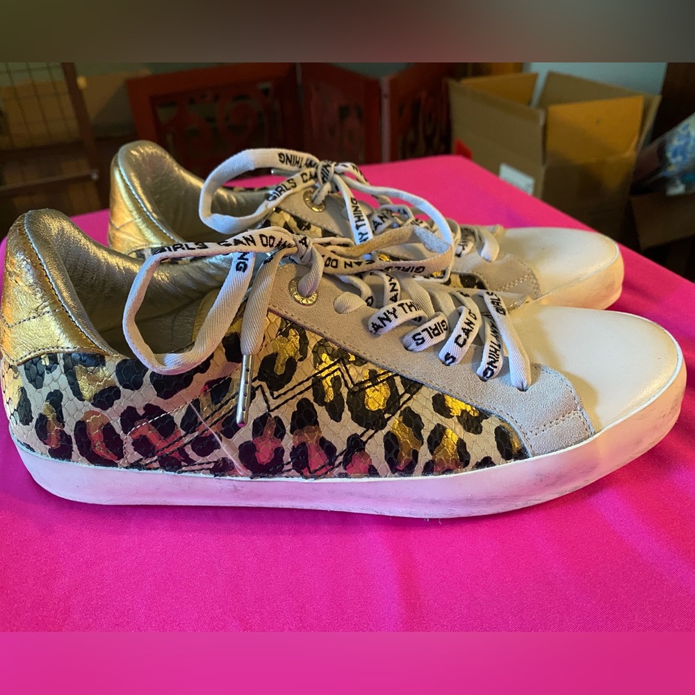 Zadig & Voltaire Gold and Leopard Print Sneakers